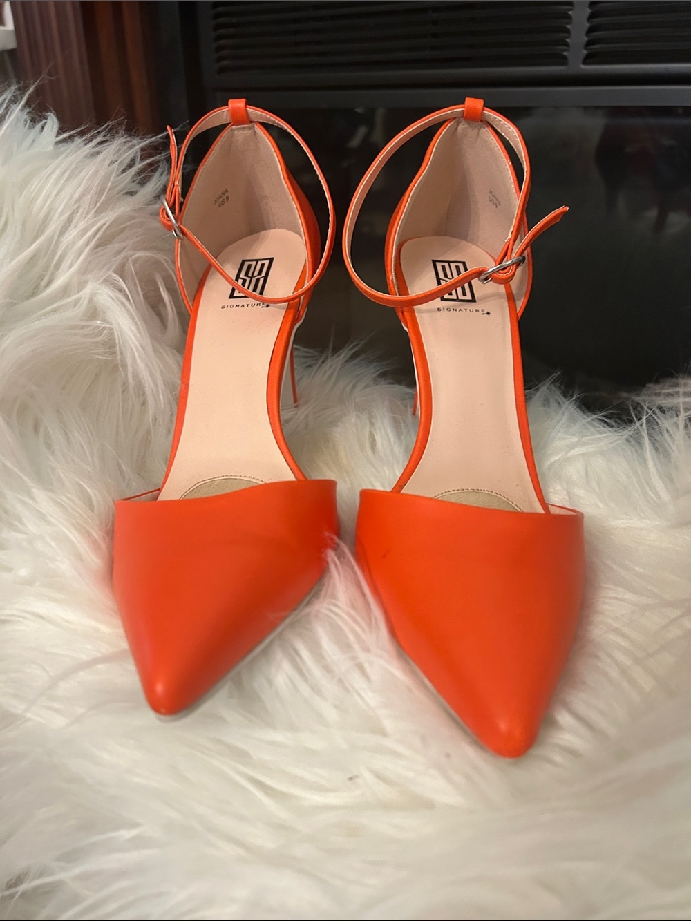 Signature Vibrant Orange Pointed-Toe Ankle-Strap Pumps